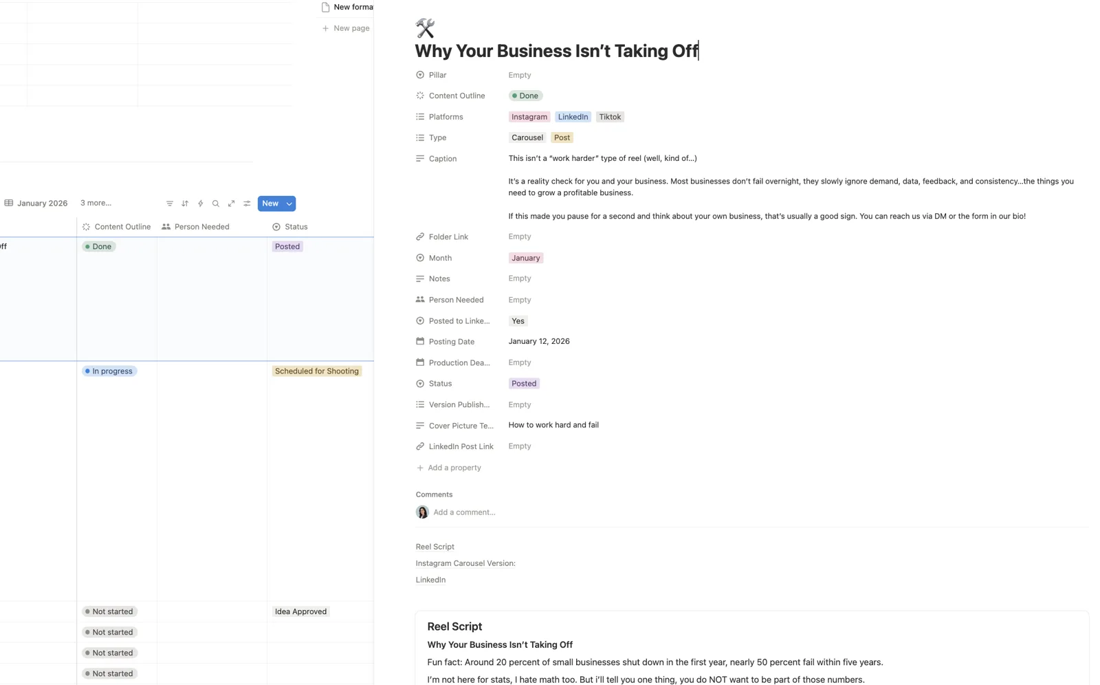 A single post page with its properties, caption and script